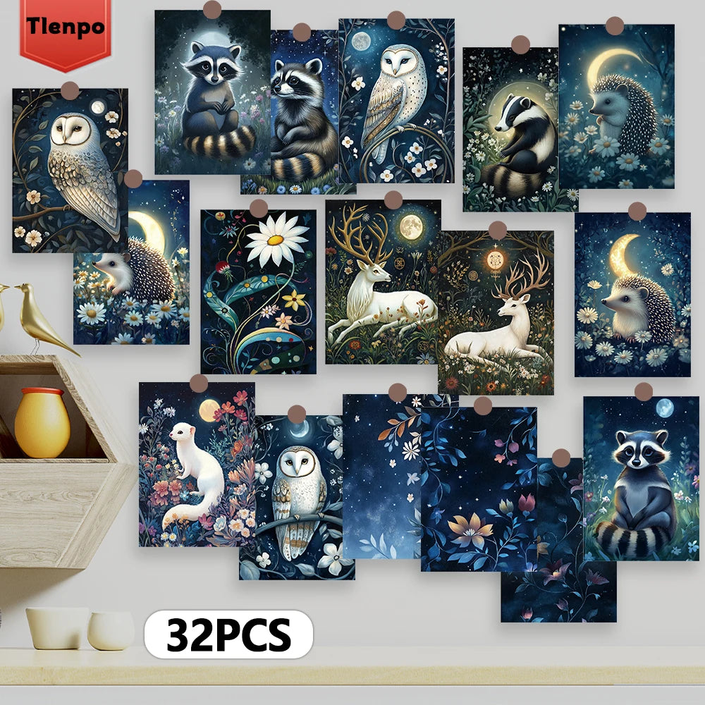 32pcs Stickers, dreamy forest animal illustrations, night scenes + small animals 