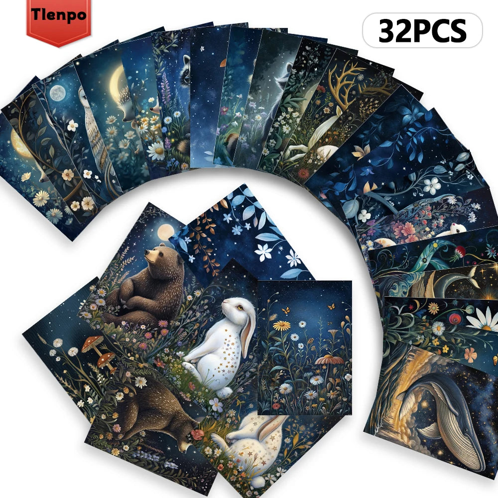 32pcs Stickers, dreamy forest animal illustrations, night scenes + small animals 