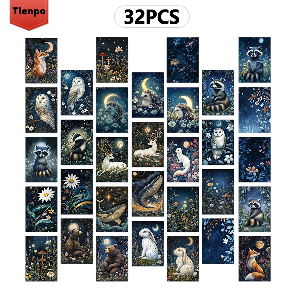 32pcs Stickers, dreamy forest animal illustrations, night scenes + small animals 