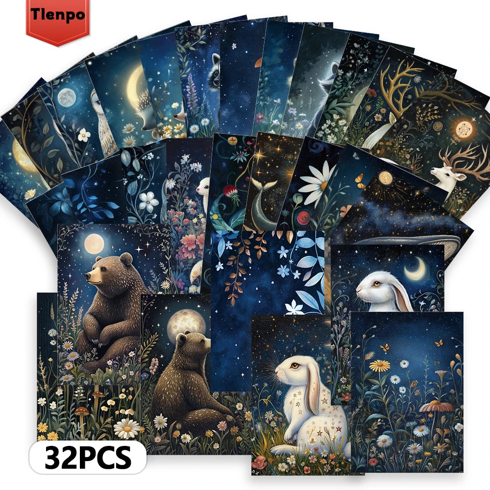 32pcs Stickers, dreamy forest animal illustrations, night scenes + small animals 