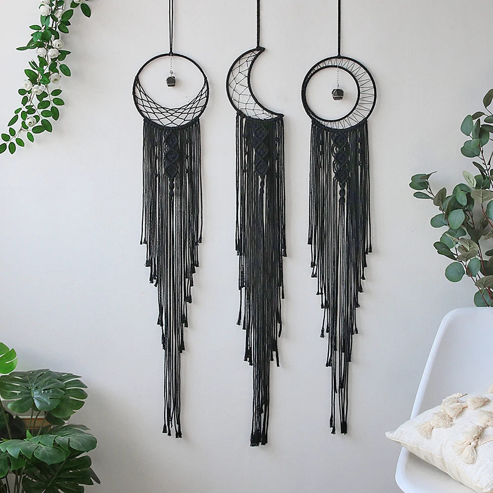 3 pcs Black Moon Dream Catcher, Macrame With Crystal, Home Decor 