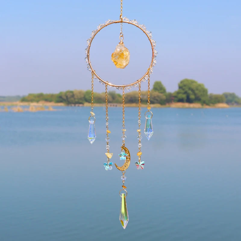 Natural Crystal Citrine Sun Catcher Crystal Wind Chimes Room Decoration 