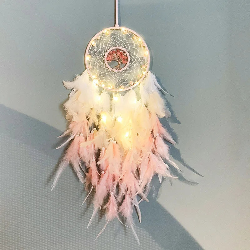 Pink Tree of Life Dream Catcher with Crystal Stones Hanging Decor 