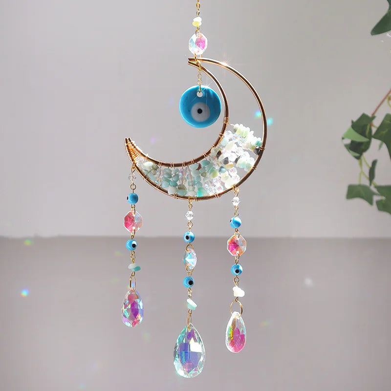 Natural Amazonite Crystal Evil Eye Moon Shape Sun Catcher Chime 