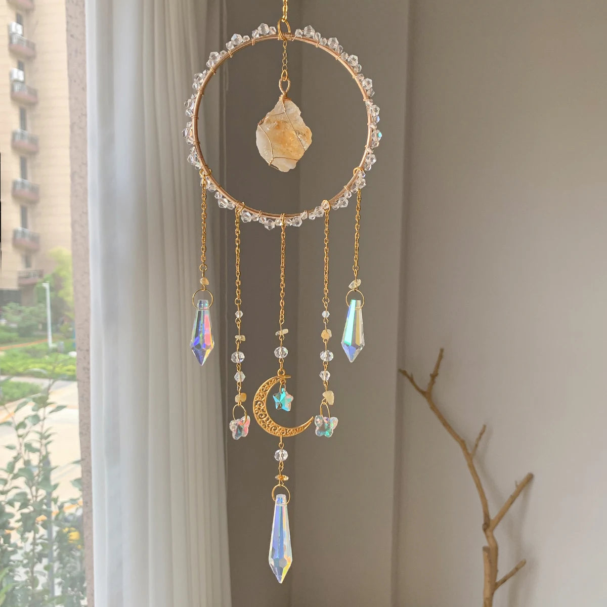Natural Crystal Citrine Sun Catcher Crystal Wind Chimes Room Decoration 