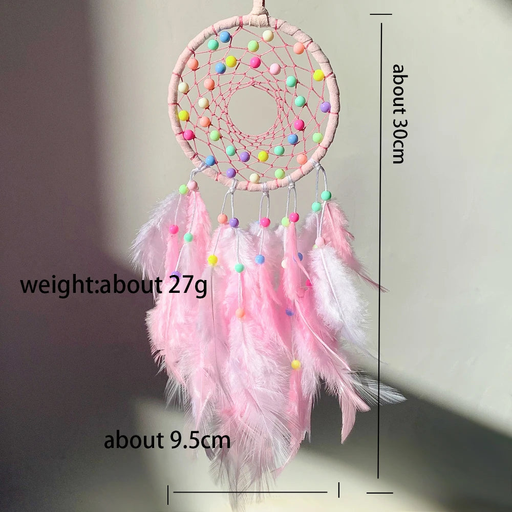 Handmade Pink Feather Dream Catcher with Pastel Beads for Home Wall Decoration 