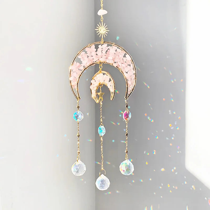 Suncatcher Rose Quartz Hanging Moon Crystal Double layer Decoration 