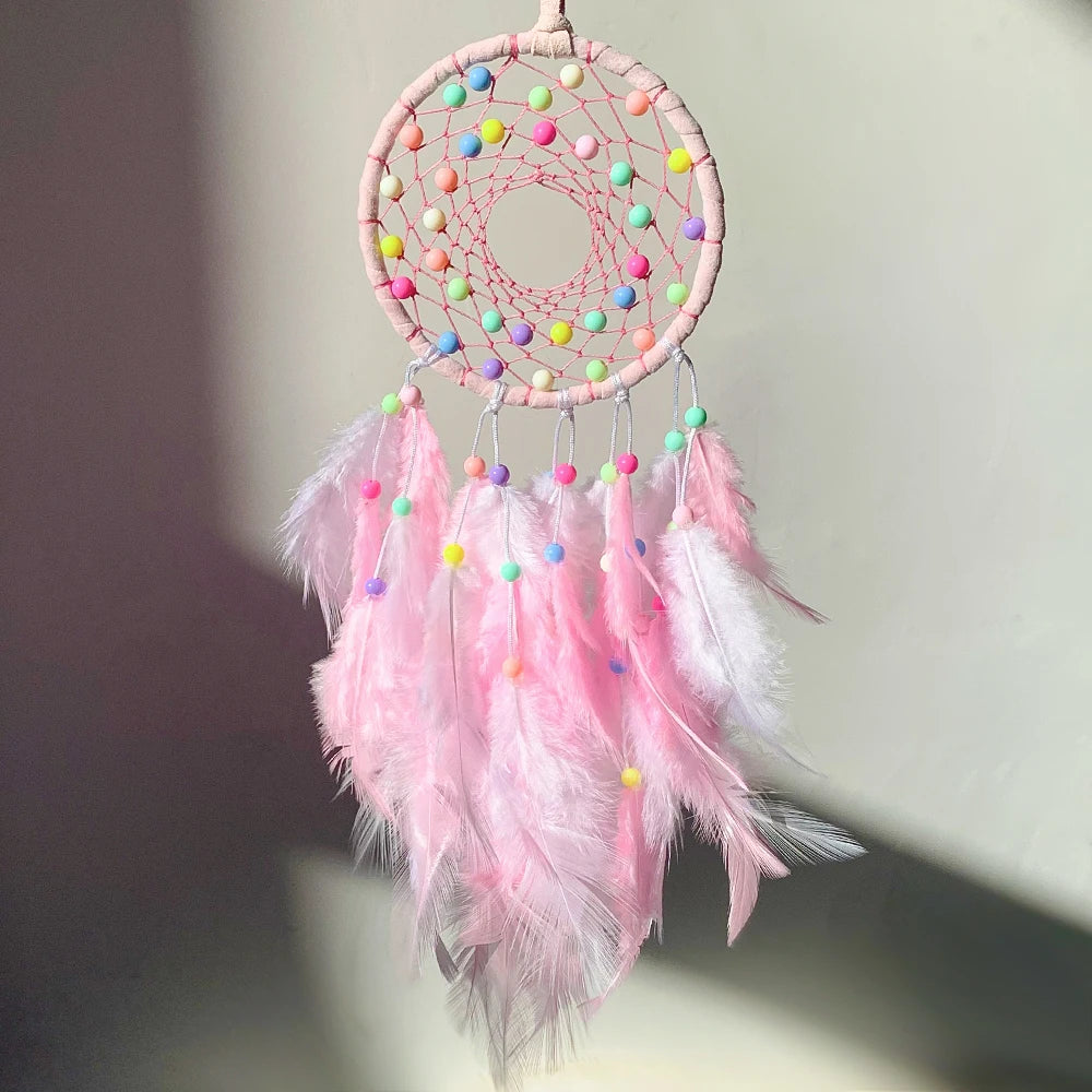 Handmade Pink Feather Dream Catcher with Pastel Beads for Home Wall Decoration 
