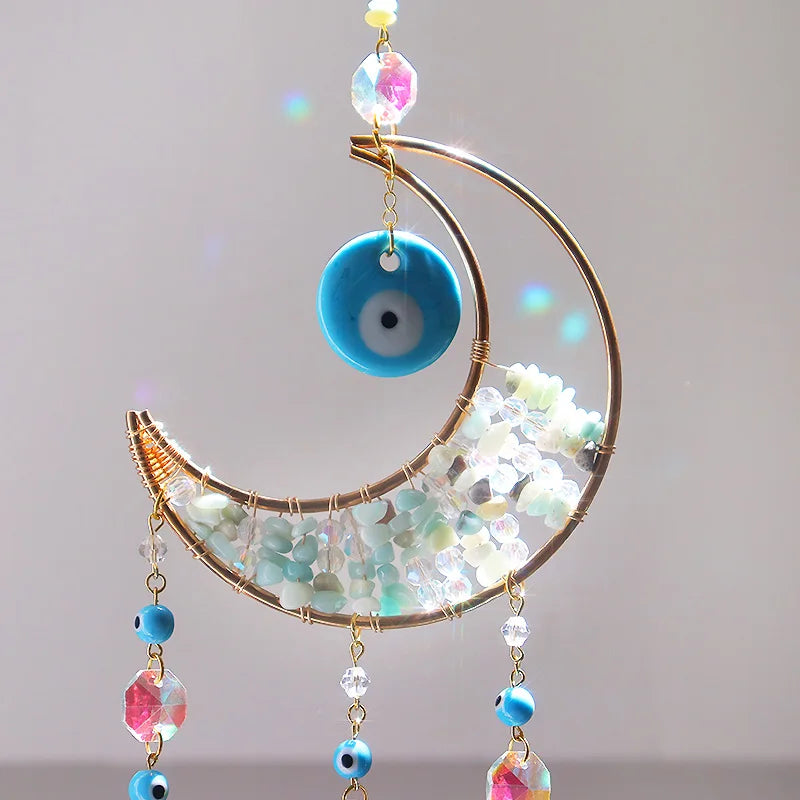 Natural Amazonite Crystal Evil Eye Moon Shape Sun Catcher Chime 