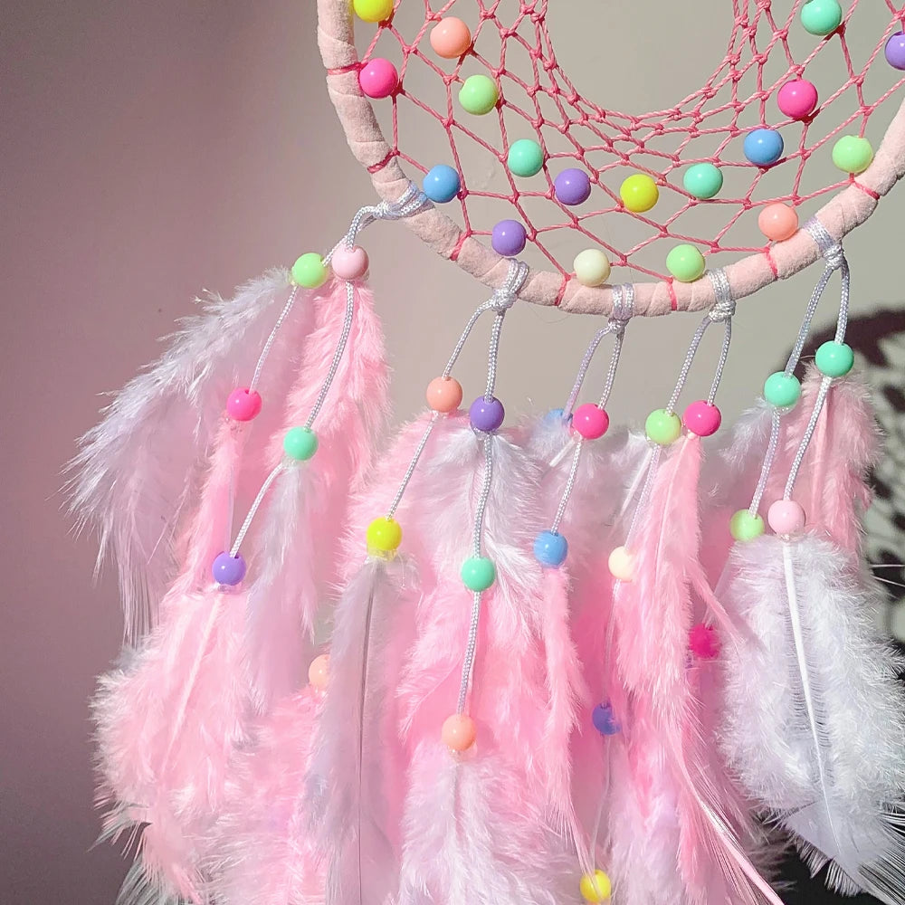 Handmade Pink Feather Dream Catcher with Pastel Beads for Home Wall Decoration 