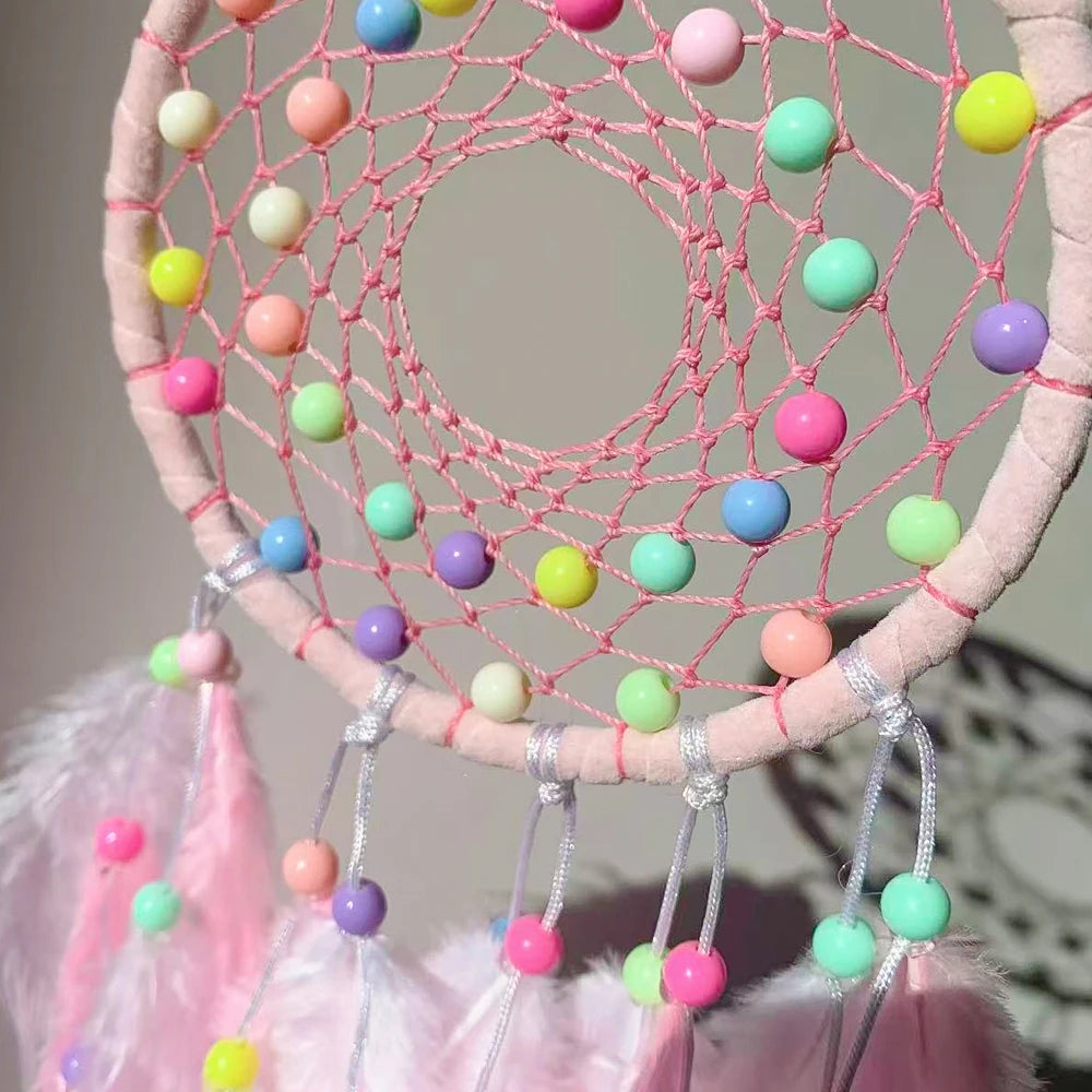 Handmade Pink Feather Dream Catcher with Pastel Beads for Home Wall Decoration 