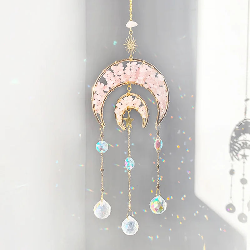 Suncatcher Rose Quartz Hanging Moon Crystal Double layer Decoration 