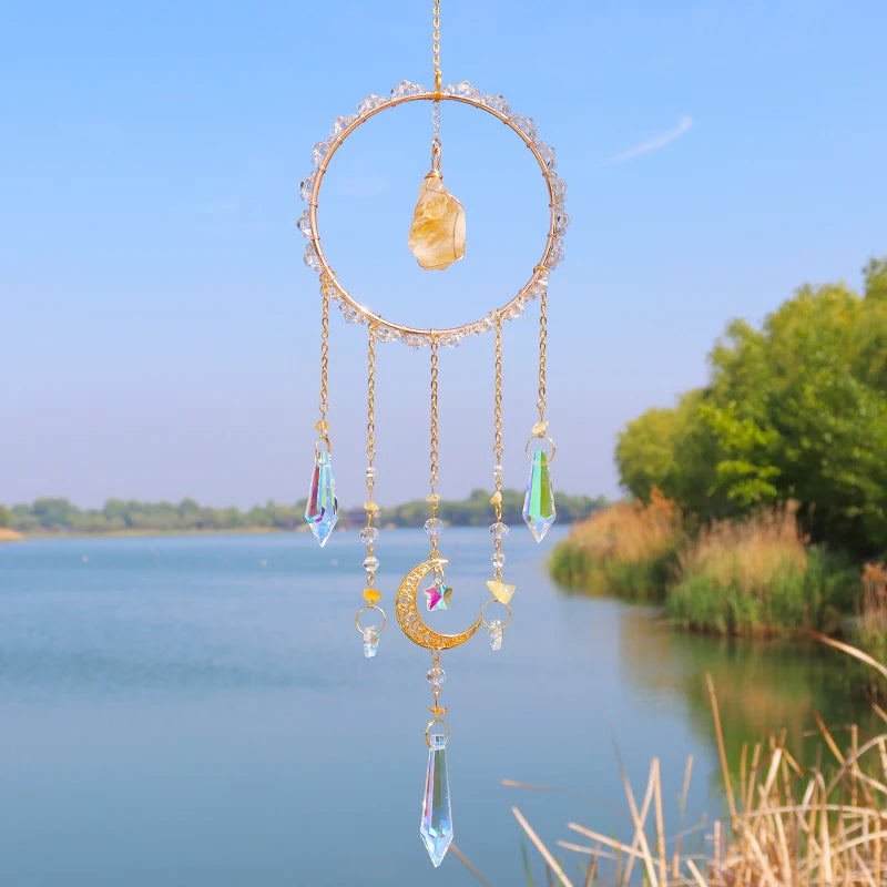Natural Crystal Citrine Sun Catcher Crystal Wind Chimes Room Decoration 