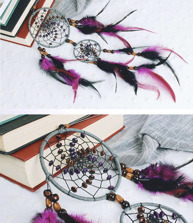 Purple Swirl Dream Catcher, Beads and Feathers, Wall Hanging Decoration 