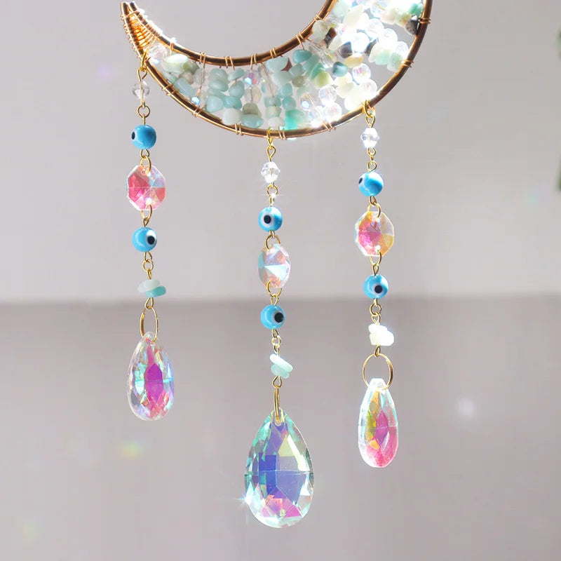 Natural Amazonite Crystal Evil Eye Moon Shape Sun Catcher Chime 