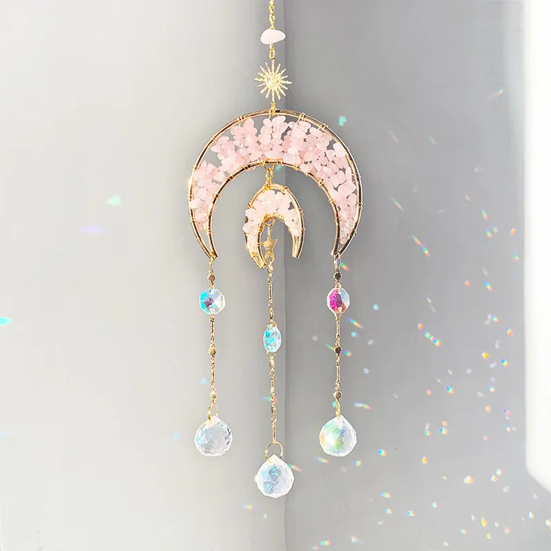 Suncatcher Rose Quartz Hanging Moon Crystal Double layer Decoration 