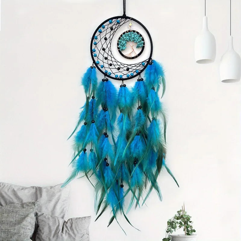 Vibrant Blue Dream Catcher, Life Tree and Feathers, Wall Decorations 