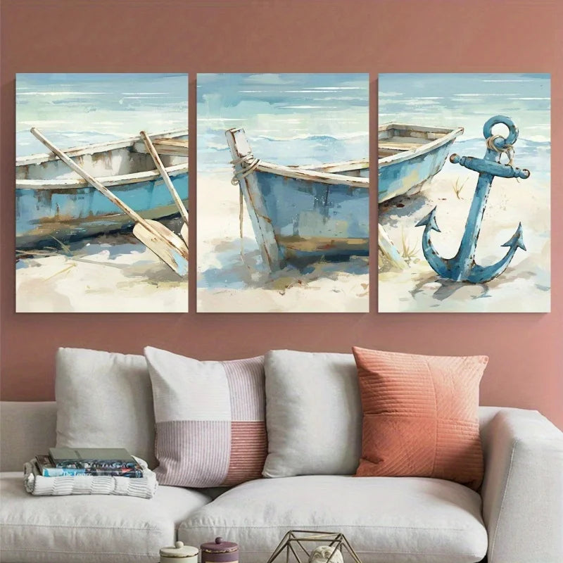 3pcs Frameless Canvas Wall Art Prints - Contemporary Navy Beach Scene with Anchor & Boat, 
