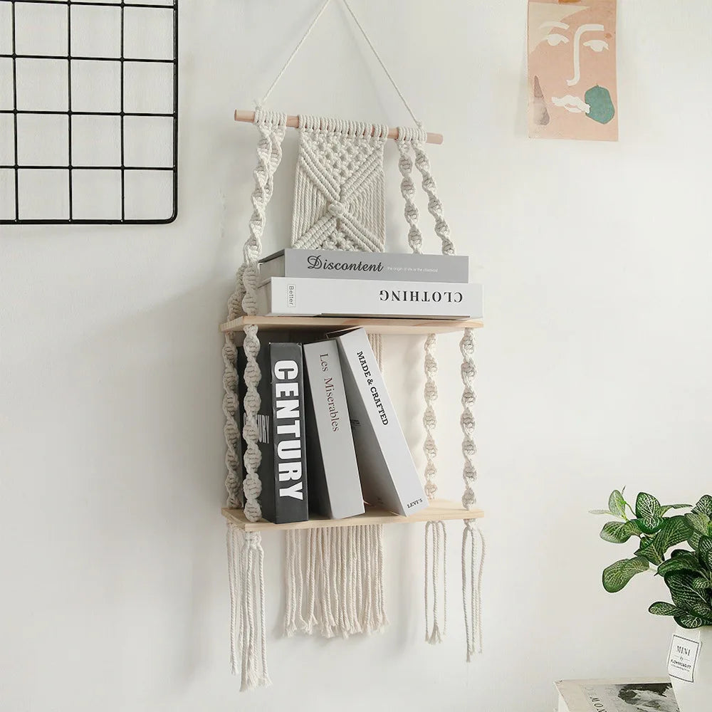 Macrame Wall Hanging Shelf Boho Home Decor Wood Decoration for Bedroom Living Room 