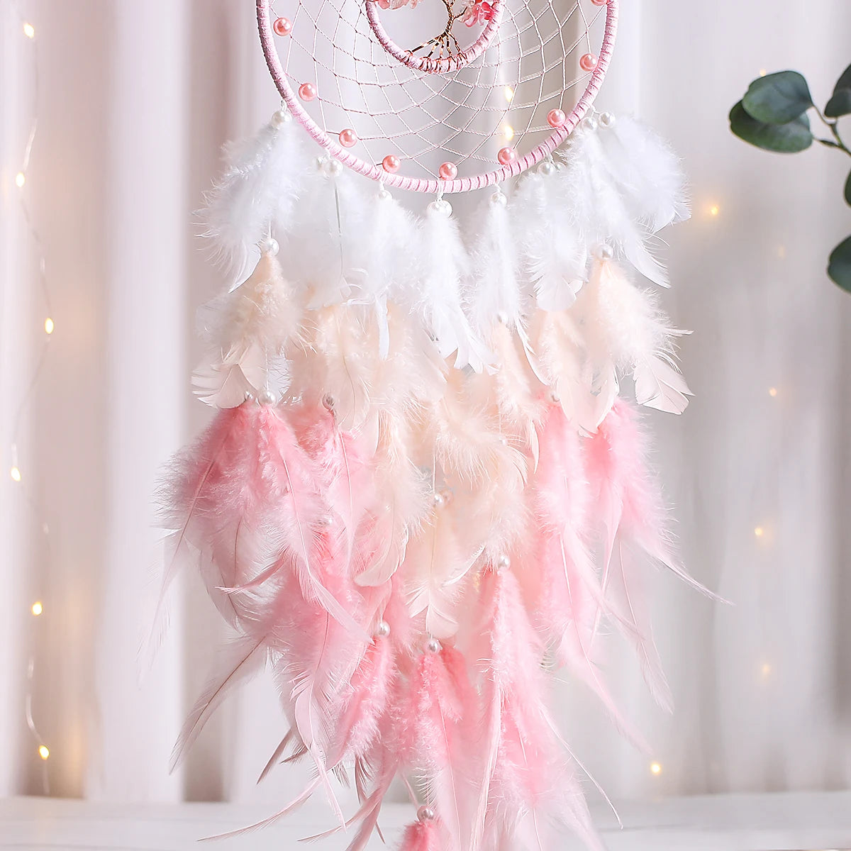 Pink Tree of Life Dream Catcher with Crystal Stones Hanging Decor 