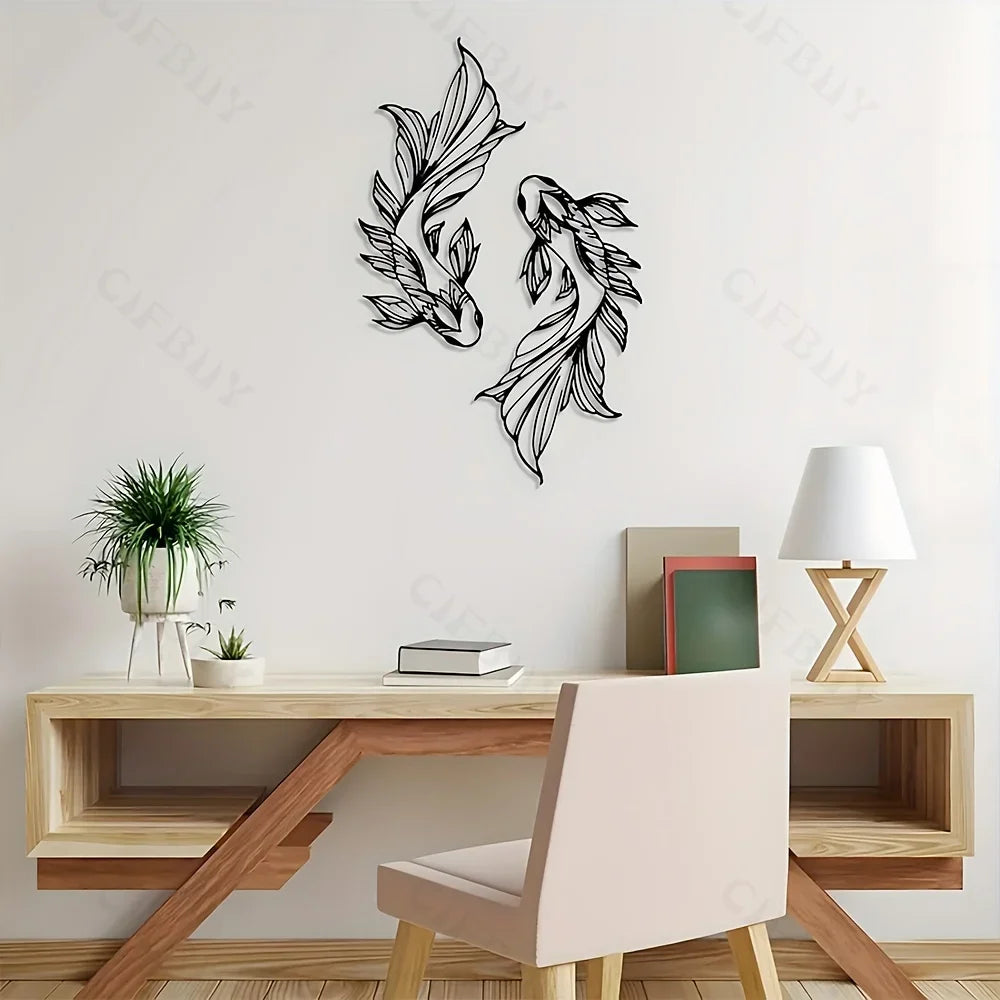 2pcs Koi Fish Metal Wall Art, Home Interior Wall Decoration, Living Room Metal Wall Art Decor 