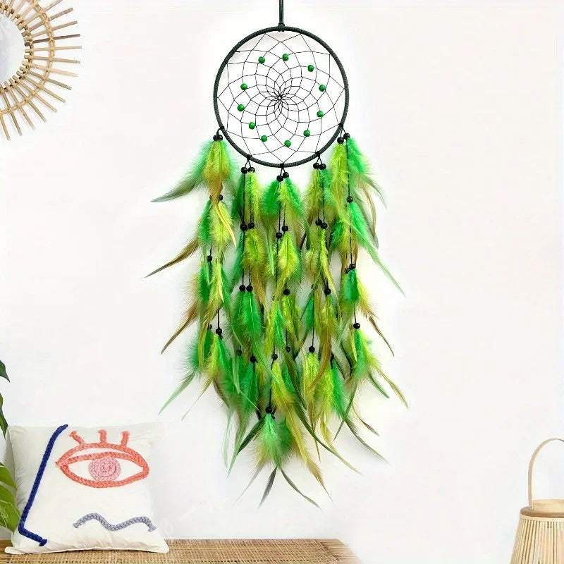 Beautiful Green Dream Catcher, Long Feathers, Home Wall Decoration 