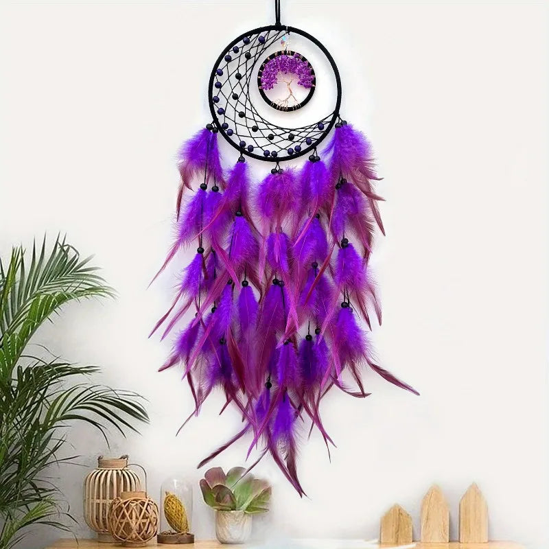 Vibrant Purple Dream Catcher, Life Tree and Feathers, Wall Decorations 