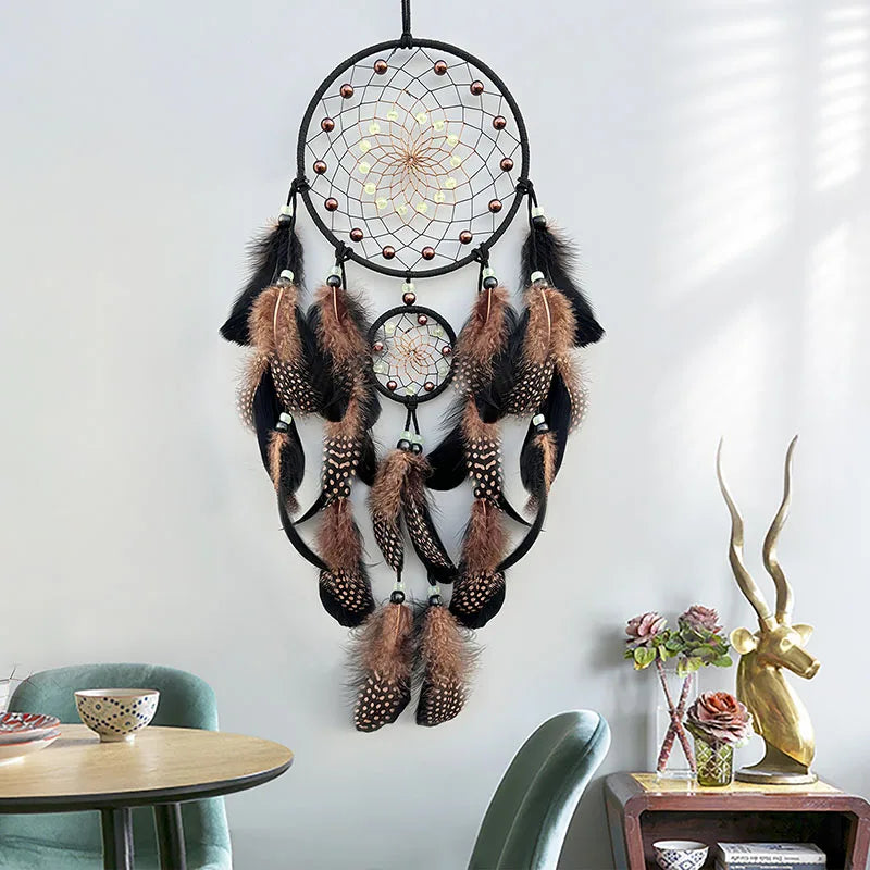 Dream Catcher With Bright Beads and Coffee Feathers Wall Decoration 
