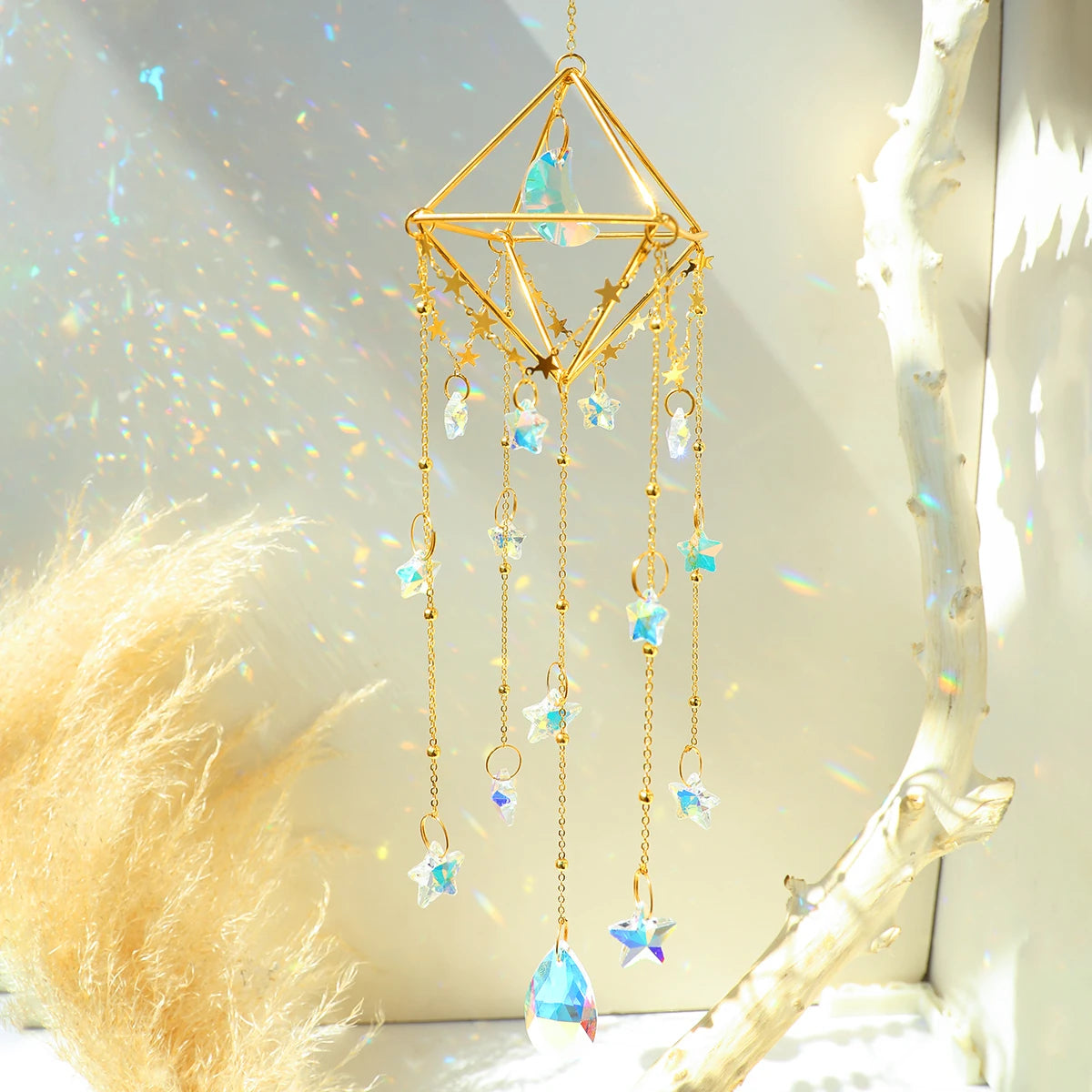 Gold Moon Sun Catcher, Crystal Teardrop Chandelier, Rainbow Maker 