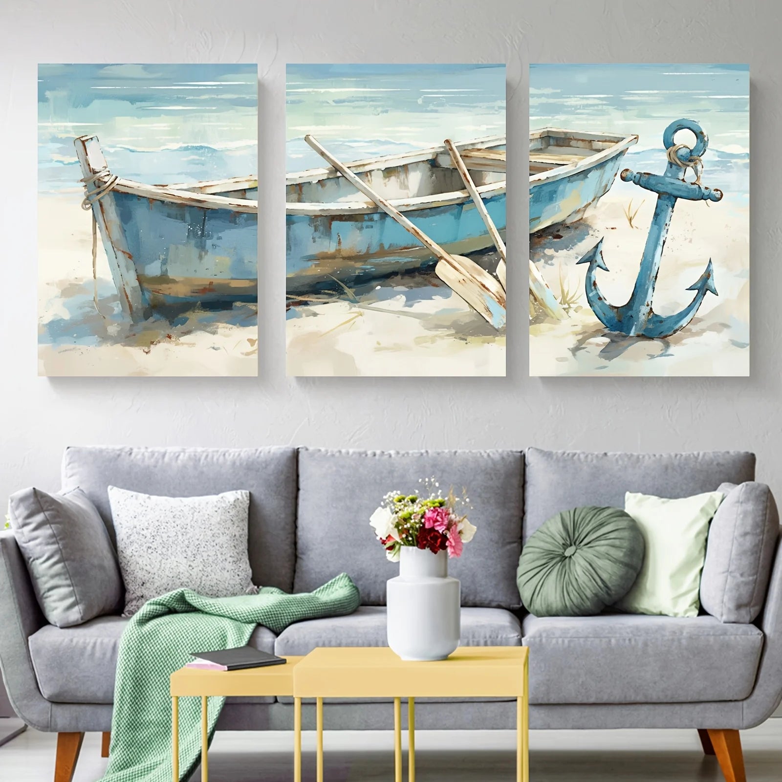 3pcs Frameless Canvas Wall Art Prints - Contemporary Navy Beach Scene with Anchor & Boat, 