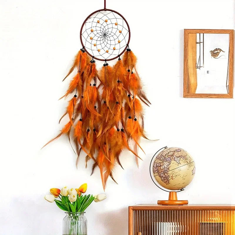 Beautiful Orange Dream Catcher, Long Feathers, Home Wall Decoration 