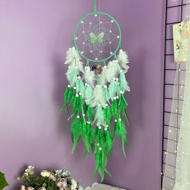 Green Dream Catcher Butterfly with Crystal Tree of Life, Colorful Feather, Home Decor 