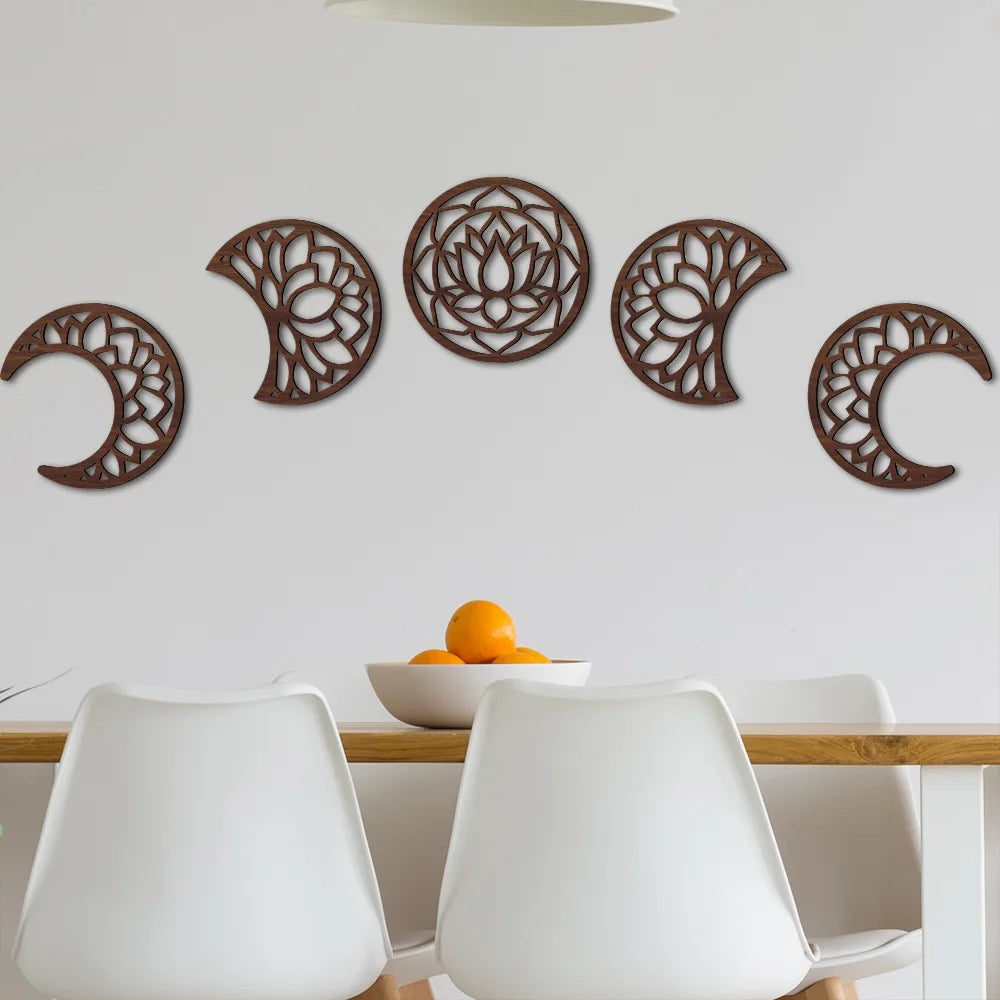 5 Pcs Wooden Moon Phase Decoration Bohemian Black or Brown Living Room Decoration Wall Art 