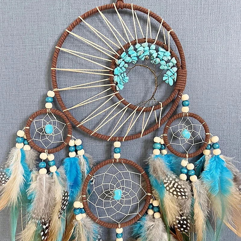 Turquoise and Tan Dream Catcher, Feather Hanging Ornament, Home Decor 