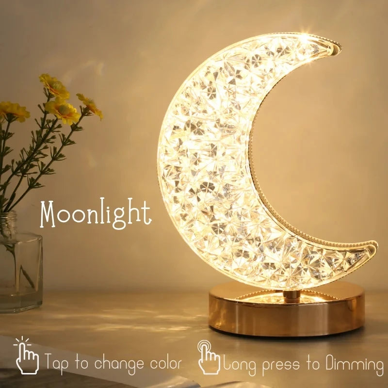 Moon and Star Dimmable Crystal Touch Night Light, Home Decor, Ambient Lamp 