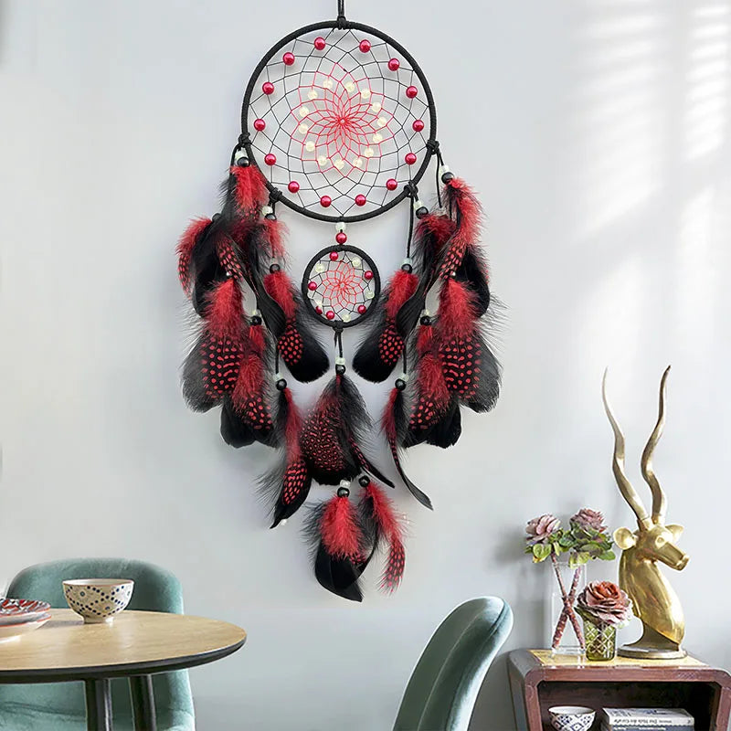 Dream Catcher With Bright Beads and Red Feathers Wall Decoration 