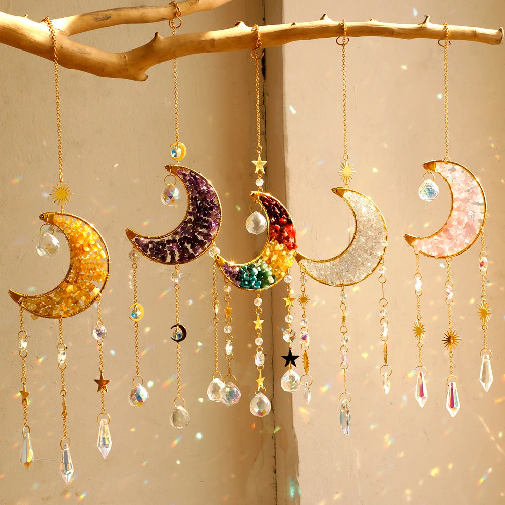 Crescent Moon Crystal Sun Catcher, Natural Stone, Hanging Decor 