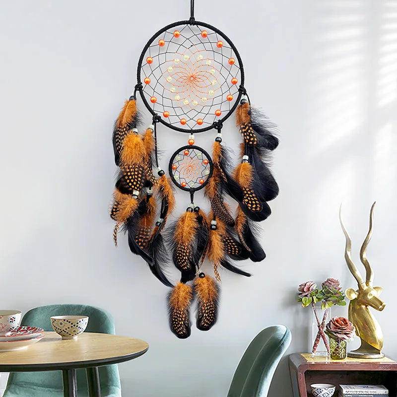 Dream Catcher With Bright Beads and Orange Feathers Wall Decoration 