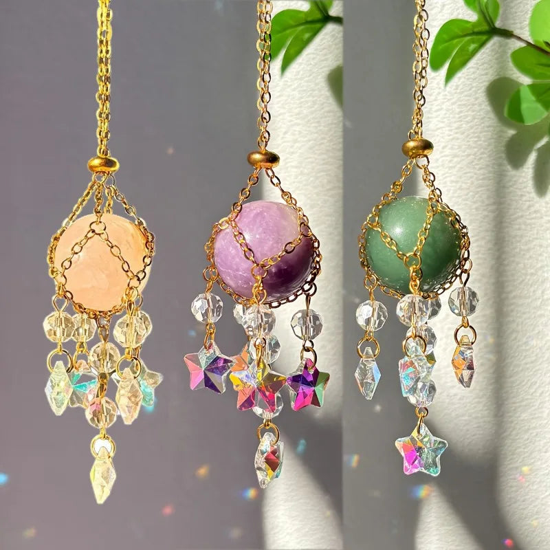 1pc Natural Stone Crystal Woven Suncatcher Hanging Window Garden Home Decoration 