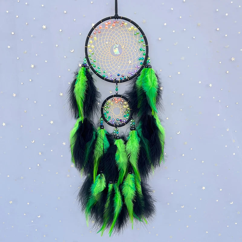 Green Feather, Rainbow Beads, Dream Catcher, Hanging Ornaments, Home Decoration 