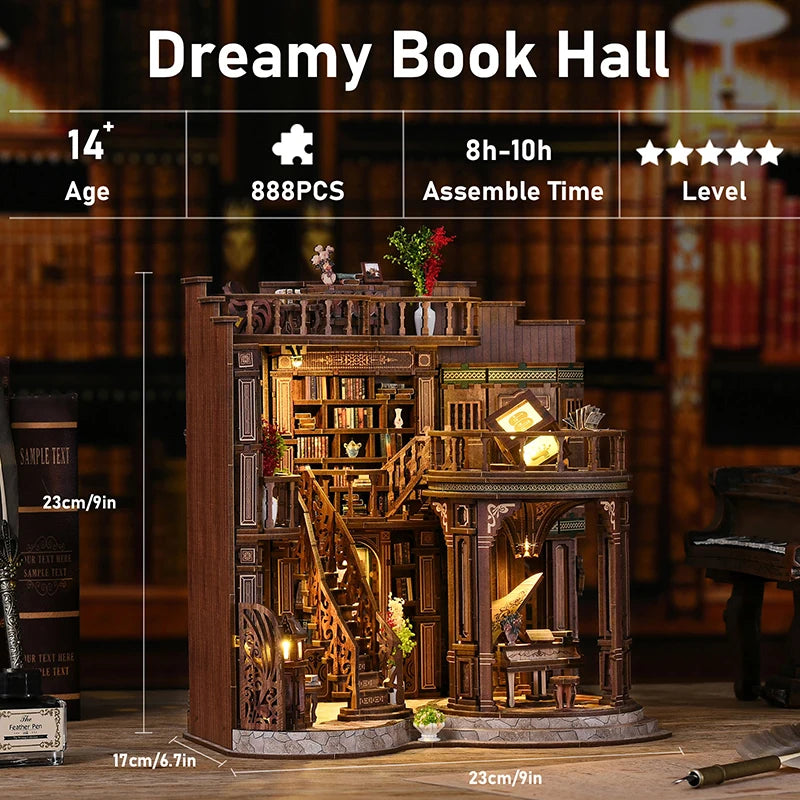 DIY Dream Study Book Nook - Wooden 3D Puzzle Bookend Kit, Creative Handmade Bookshelf Insert Model House Gift 