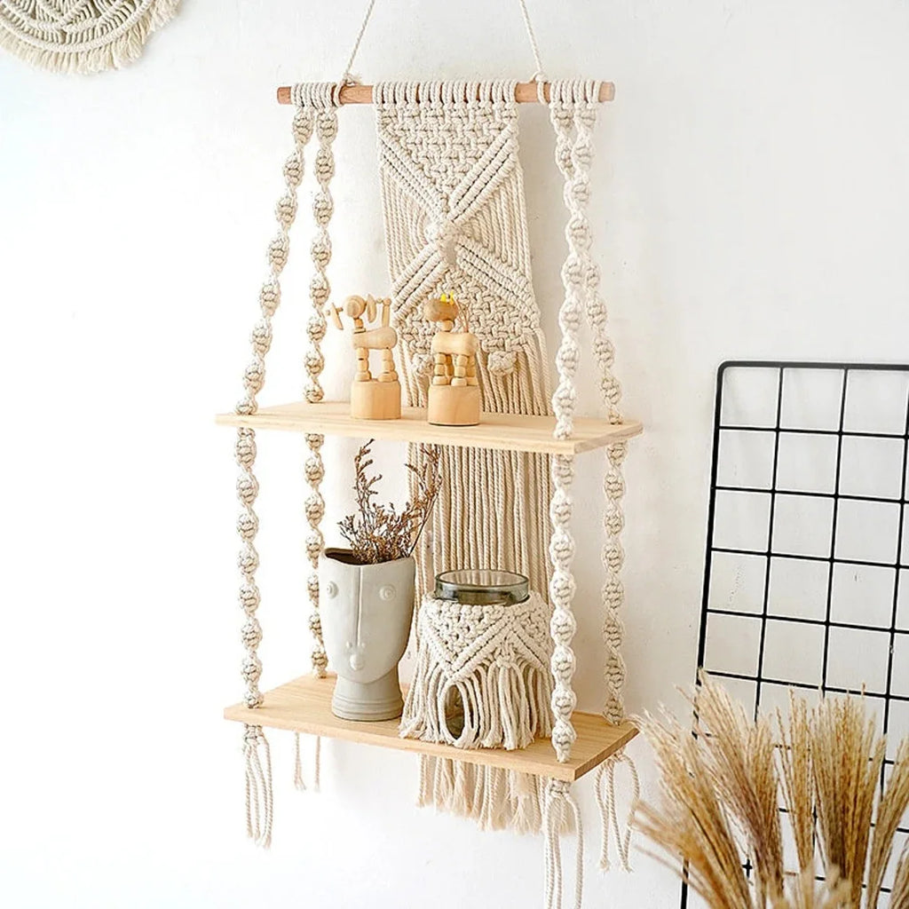 Macrame Wall Hanging Shelf Boho Home Decor Wood Decoration for Bedroom Living Room 