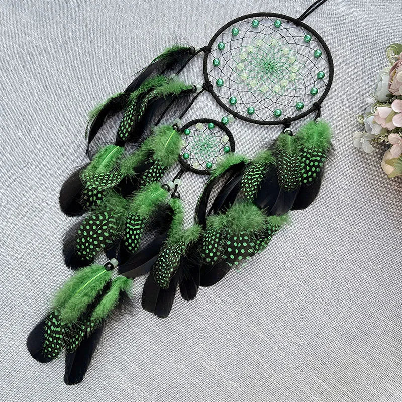 Dream Catcher With Bright Beads and Green Feathers Wall Decoration 