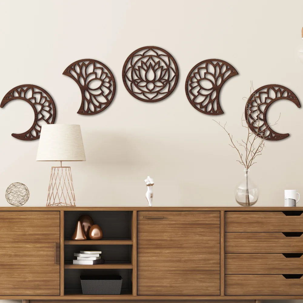 5 Pcs Wooden Moon Phase Decoration Bohemian Black or Brown Living Room Decoration Wall Art 