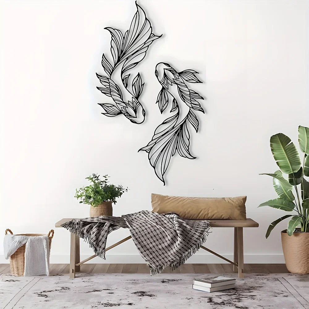 2pcs Koi Fish Metal Wall Art, Home Interior Wall Decoration, Living Room Metal Wall Art Decor 