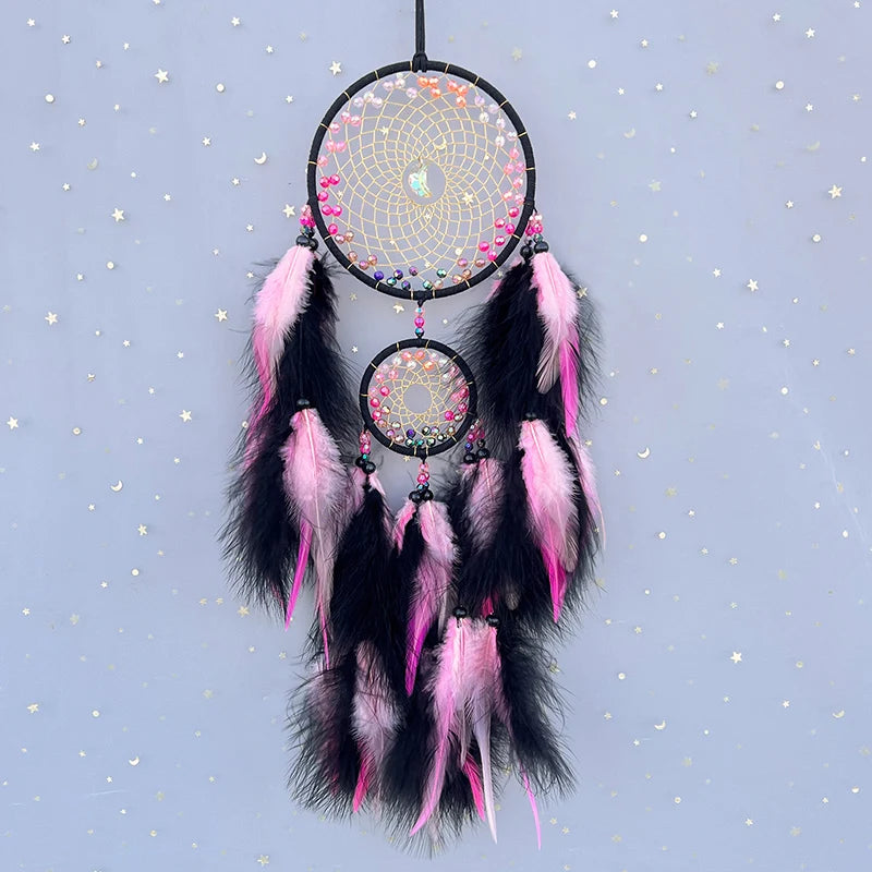 Pink Feather, Rainbow Beads, Dream Catcher, Hanging Ornaments, Home Decoration 