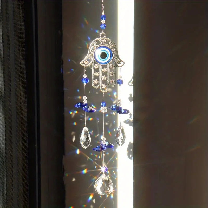 Crystal Blue Evil Eye Palm Suncatcher, Home Decor, Prism 