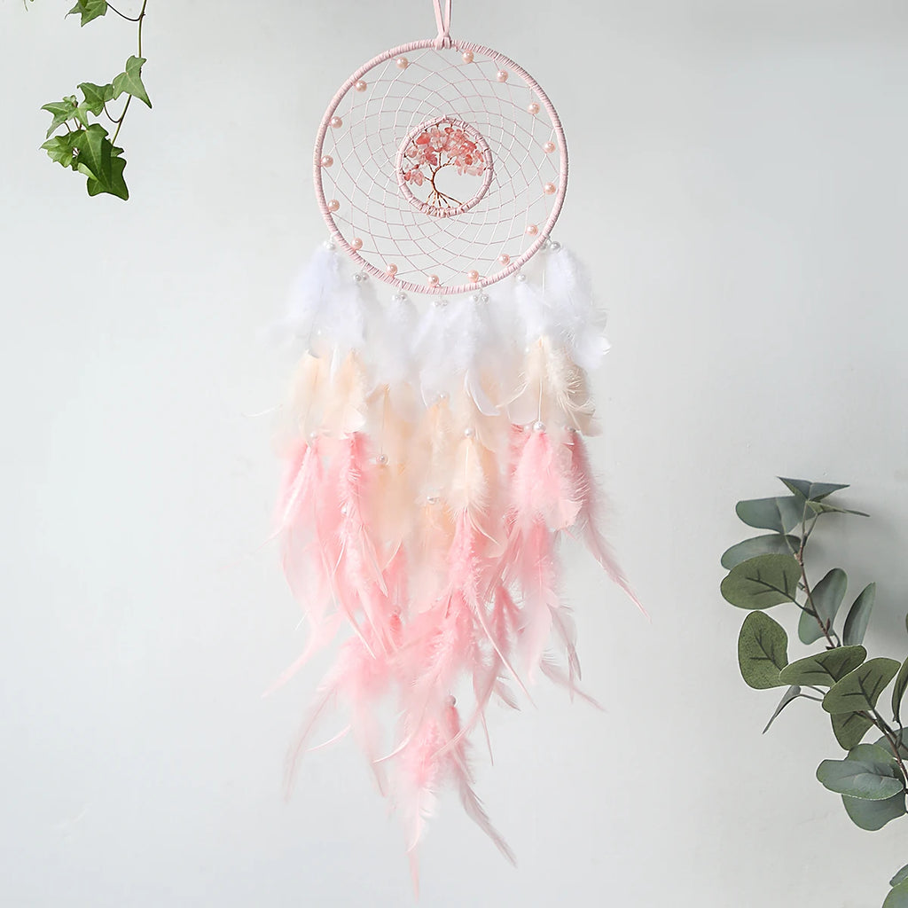 Pink Tree of Life Dream Catcher with Crystal Stones Hanging Decor 