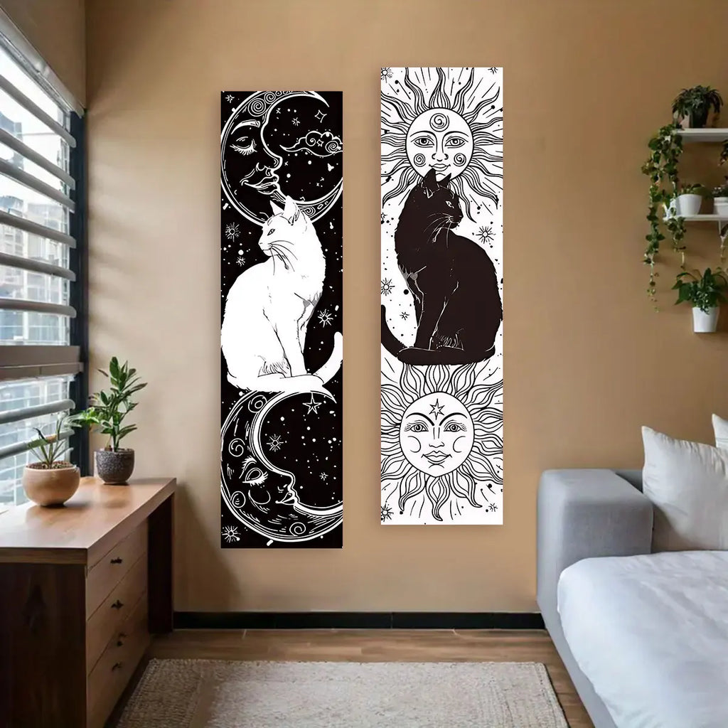 Whimsy Cat Black and White Cat Vertical Tapestry Sun and Moon Long Wall Hanging Starry Sky Aesthetic Art Tapestry Wall Decor 