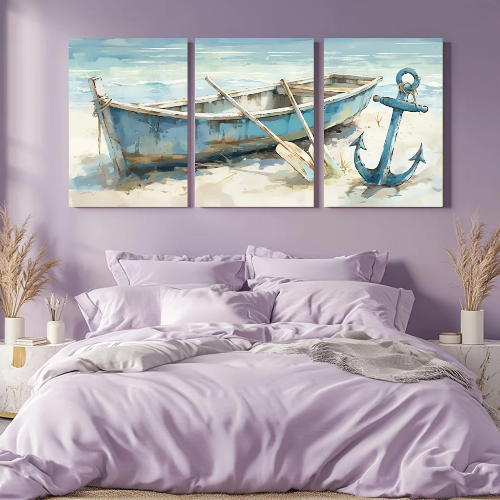 3pcs Frameless Canvas Wall Art Prints - Contemporary Navy Beach Scene with Anchor & Boat, 